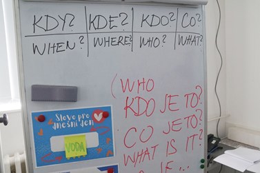 Whiteboard with Czech and English language translations of basic interrogative words like 'who', 'what', 'when', 'where', along with a note reading Whiteboard with Czech and English language translations of basic interrogative words like 'who', 'what', 'when', 'where', along with a note reading "Word of the Day" and a labeled piece of sticky note.